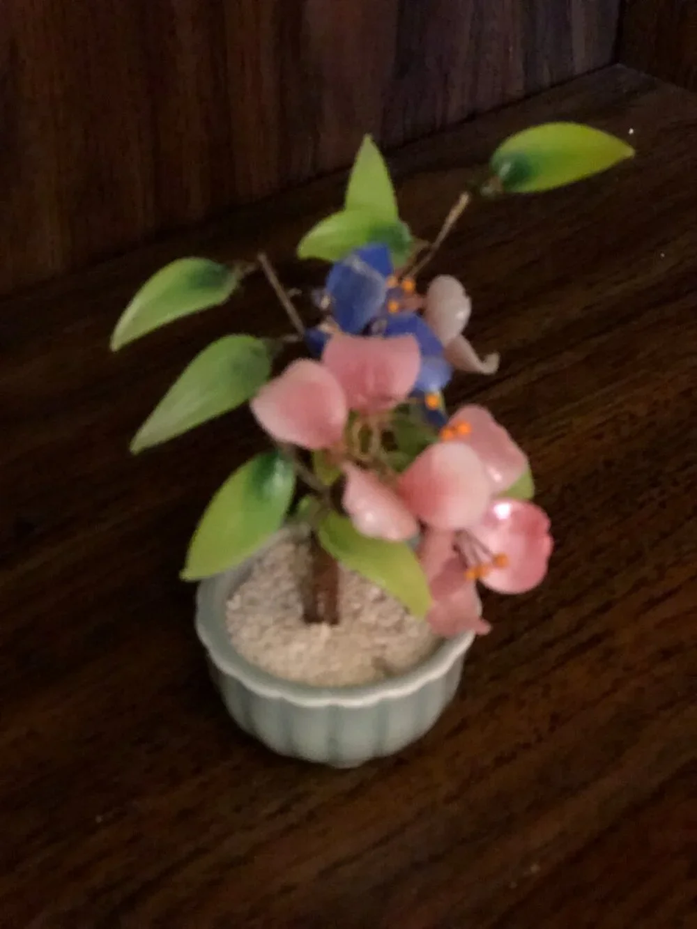 Vintage Miniature Bonsai Jade Glass Tree Pink and Periwinkle Blue Flowers